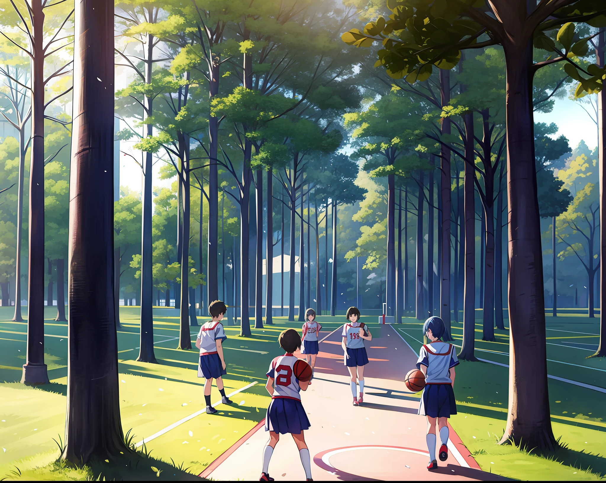 Student days，The blood of youth，On the basketball court，On the football field，Classmates' sports，In a Japanese anime style，Japanese anime style，Youth action，It is surrounded by trees and trees