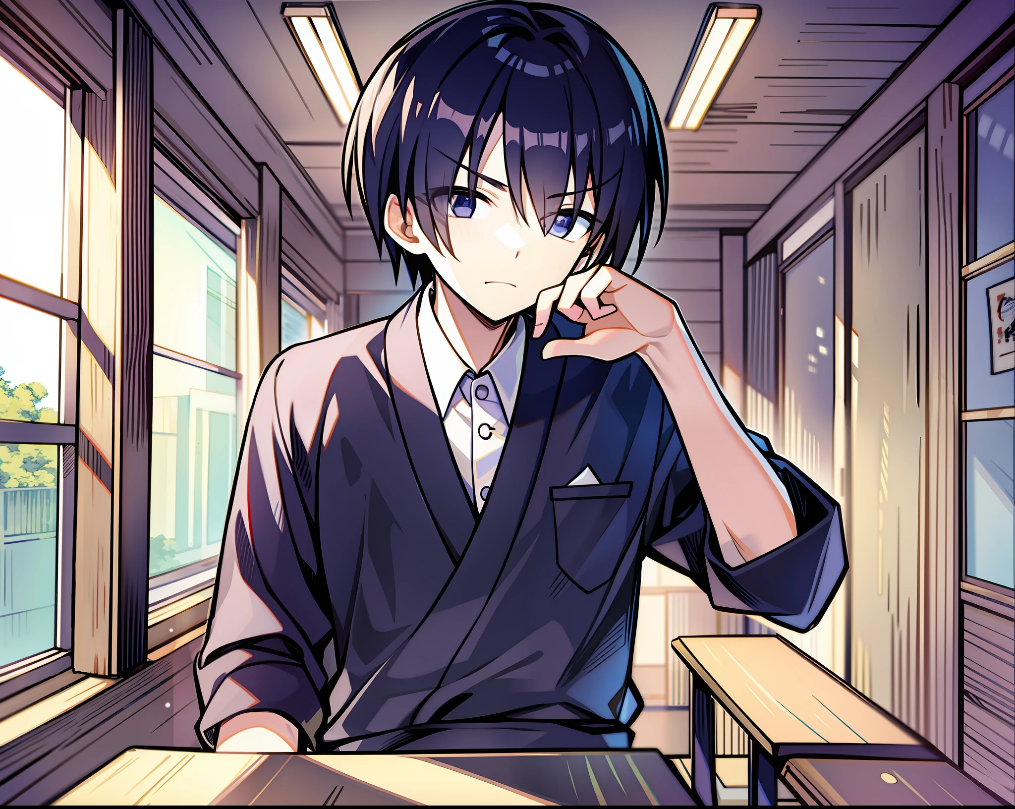 Melancholic and handsome male protagonist，A 17-year-old Japanese anime character。Black hair and eyes，Dressed in black school uniform，Sit in the window seat in the penultimate row of the classroom。he stands，Make a forward gesture，Empty eyes，Won't laugh，Can't see any smile on your face，The corners of the mouth are downward。The camera of the picture is aimed at the male protagonist，Front view，The male protagonist is in the center of the picture，Empty eyes，The classrooms are Japanese-style wooden structures，Full of fine details and light and shadow effects，It has an artistic touch。Exhibits masculine characteristics，No eyeliner、Long eyelashes or soft eyes，The eyes are sharp。