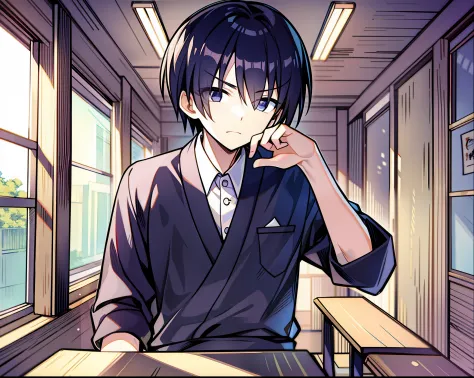 Melancholic and handsome male protagonist，A 17-year-old Japanese anime character。Black hair and eyes，Dressed in black school uni...
