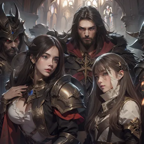 Church background of Diablo 4，4 brave and handsome men、2 beautiful slim ...