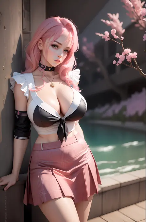 A pink-haired, adolable, Raised sexy, Lori huge breasts cleavage, A long-legged beauty, JK skirt, a sailor suit, shy, Surrealism, 8k, super detail