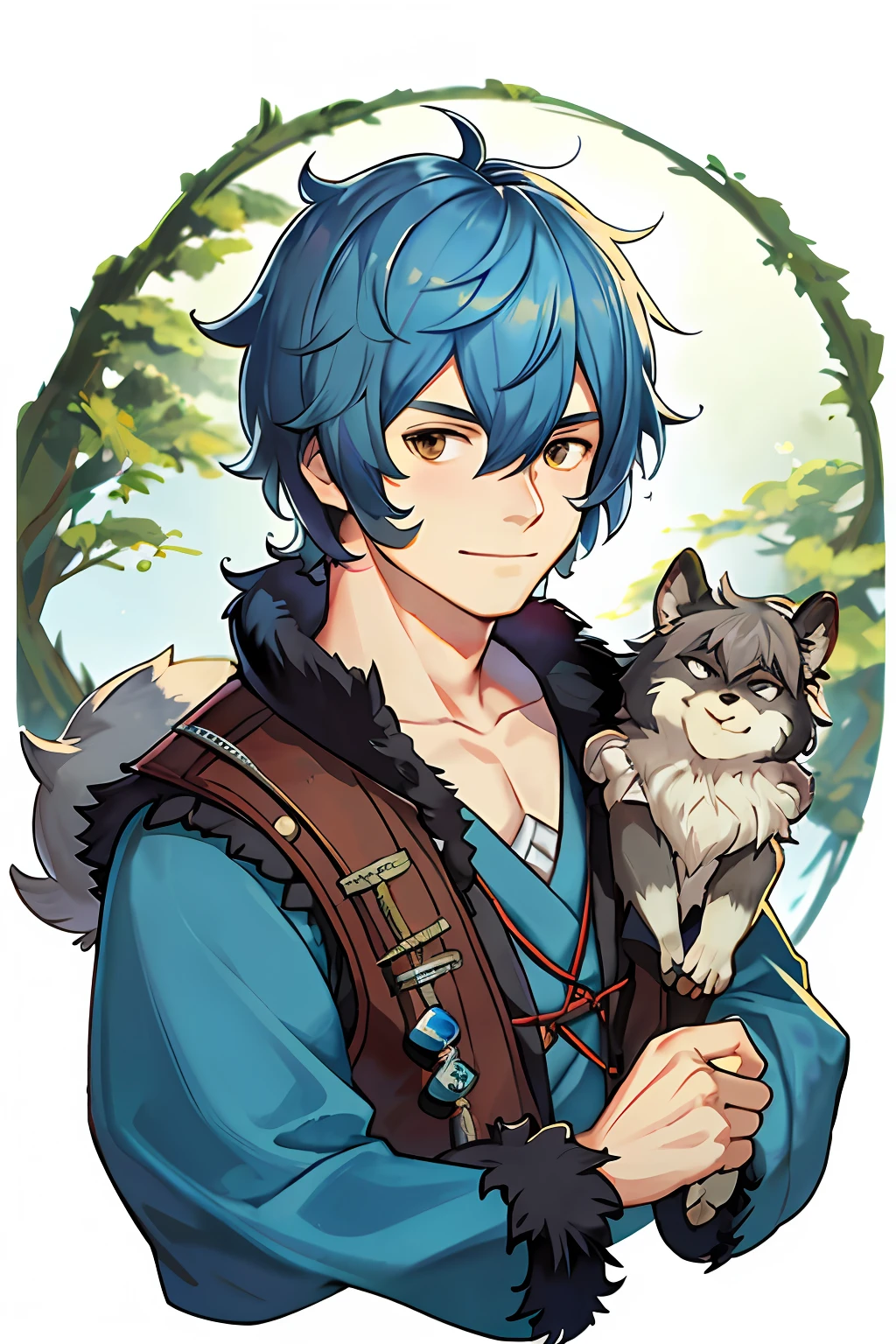 1boy,Blue hair,Tanuki head,armor,Bell,portrait,simplebackground,(shaggy:1.5)