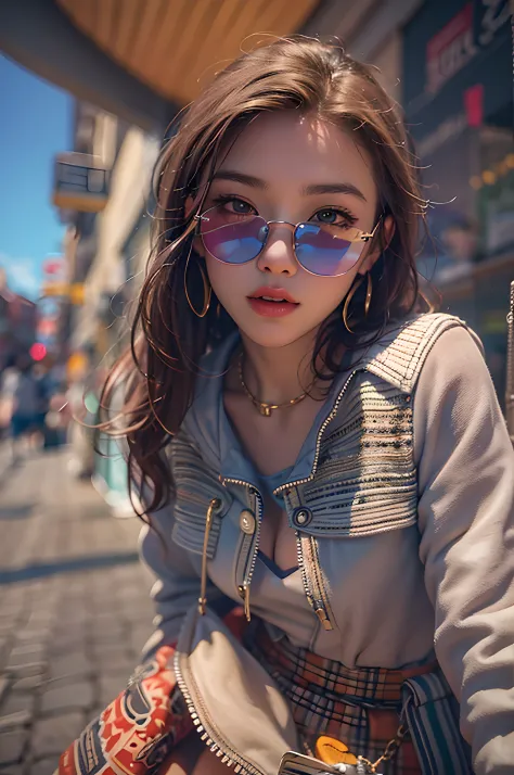sfw, highest quality, best textures, 32k resolution, a street snap of a woman wearing a trendy and adorable 90's inspired outfit...