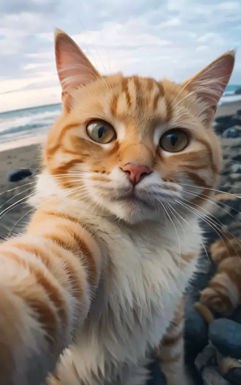 there is a cat that is looking up at the camera, cat photo, photo of a cat, cat photography, looking directly at the camera, ginger cat, looks directly at camera, ginger cat in mid action, taking a selfie, close up cat, orange cat, waving at the camera, fr...