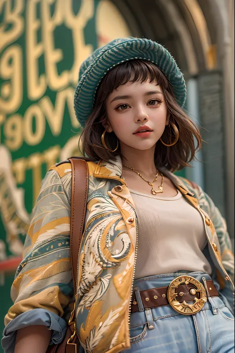 sfw, highest quality, best textures, 32k resolution, a street snap of a woman wearing a trendy and adorable 90's inspired outfit, outdoors, captured in a captivating low-angle shot with stunning ray tracing effects