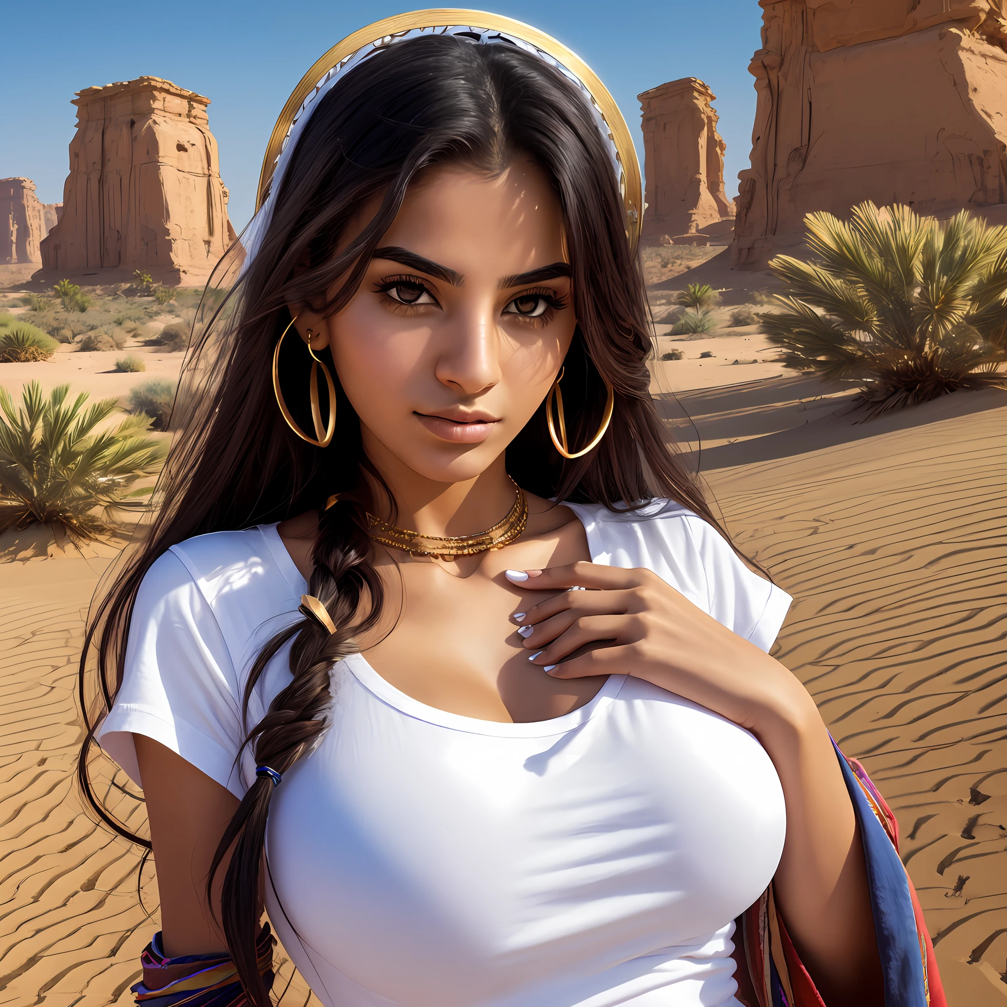 verdammt_Science-Fiction, verdammt_Science-Fiction_v2, Porträt einer jungen arabischen Frau, mit verführerischer Brust, Große Kiste, äußerst schön und attraktiv, weißes schlichtes T-Shirt mit Rundhalsausschnitt, Enge Jeans vor einer Wüstenstadt, Langes, unordentliches Haar, farbenprächtige Kleidung und goldener Schmuck, Nahaufnahme, königliche Pose und Haltung. verdammt_Kino_v2. --auto --s2