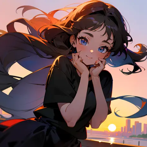 1990s anime, a happy little girl, wearing a black t-shirt, holding her chin in her hands, thinking, black wavy long hair, red bow on her head, round big eyes and long eyelashes, powder blusher, Miyazaki style, sunset red, super detail composition, high def...