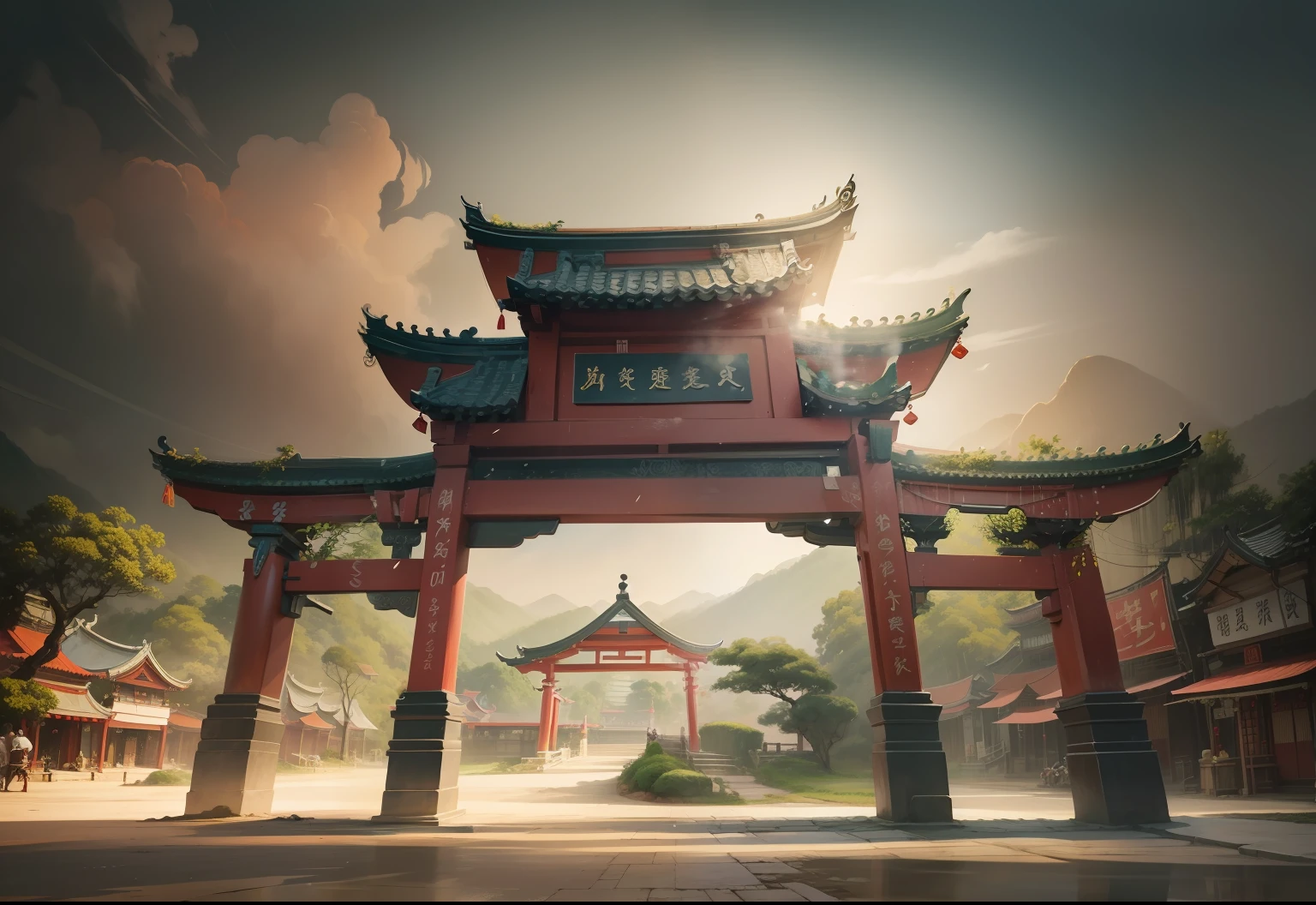 This is a fine architectural landscape painting，Depicts the archway of Chen Pi Village in Xinhui, Jiangmen, Guangdong, China，In the center of the picture is the torii，The name of the torii is "Xinhui Chen Pi Village"，Natural light，Dignified and elegant，Cultural charm，Simple，The painting uses traditional brush and ink techniques，Outline the shape of the torii with lines。The figure uses 16:Aspect ratio of 9，The noise processing intensity is 5，The image quality factor is 2，The Niji filter has an intensity of 5 --auto