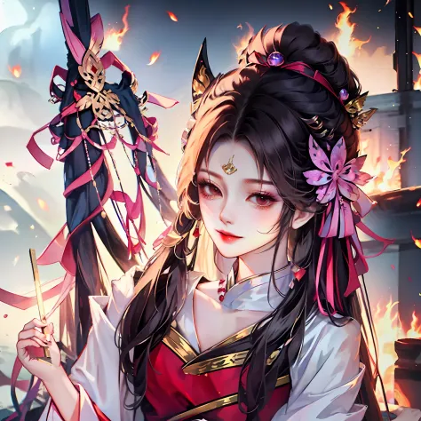 ember, Black and red Hanfu, mischievous smile,  Flute on the belt, hairlong, gathered in a high tail, red ribbon in the hair, Wei Ying