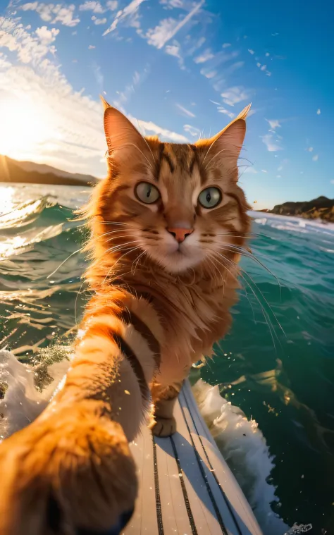 there is a cat that is riding on a surfboard in the water, waving at the camera, paw pov, taking a selfie, awesome cat, taken on go pro hero8, cat photography, wave a hand at the camera, a cat swimming in water, on the ocean water, gopro photo, shot with a...