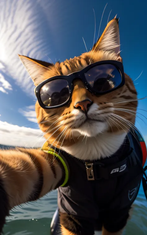 araffe cat wearing sunglasses and a life jacket on a surfboard, black cat taking a selfie, awesome cat, taking a selfie, accidentally taking a selfie, cat photography, cat photo, paw pov, photo of a cat, accidental selfie, looking up at the camera, waving ...
