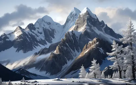 Snow-covered peaks，overcast day， snowy mountain landscape，Frozen，glacier，ice cubes，game background，high qulity，tmasterpiece，