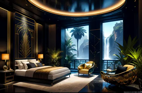 incredible black luxurious futuristic bedroom interior in Ancient Egyptian style with many (((lush plants))), ((beautiful flower...