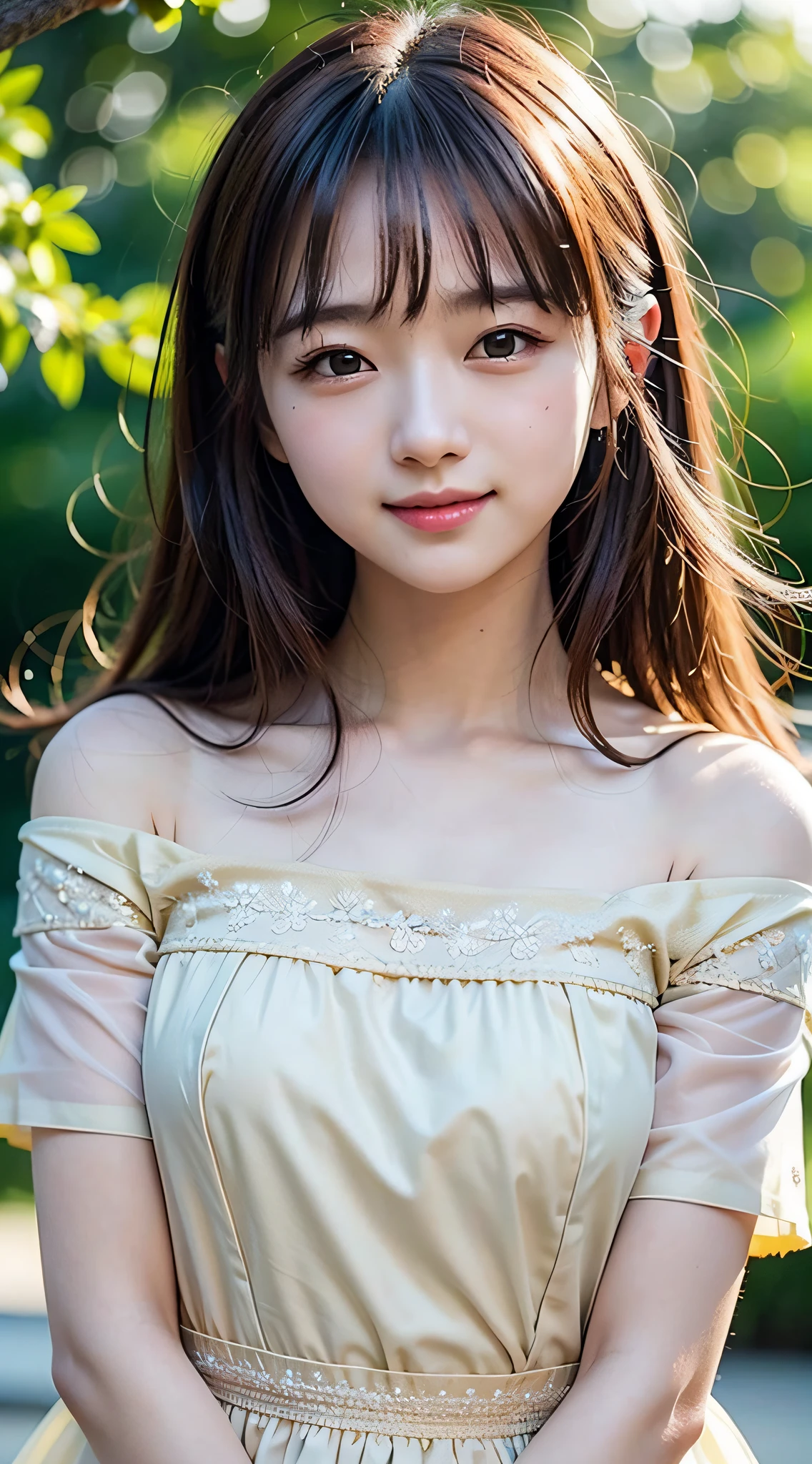 Full body posture with movement、Yellow summer clothes、(​masterpiece、top-quality、a beauty girl、kawaii faces:1.5)、(bangss、A smile:1.2)、Small waist 、(Simple background:1.4)、(Skysky、A clear day:1.2)、Shoulder Fashion、face lights、8K、Official art、Raw foto、Incredibly absurd、depth of fields、looking at the viewers、A hyper-realistic、hight resolution、a picture、film grains、chromatic abberation、foco nítido、Bokeh background、Dynamic lighting、highestdetailed、 ighly detailed、ultra-detailliert、detaile、extremely detailed eye and face
