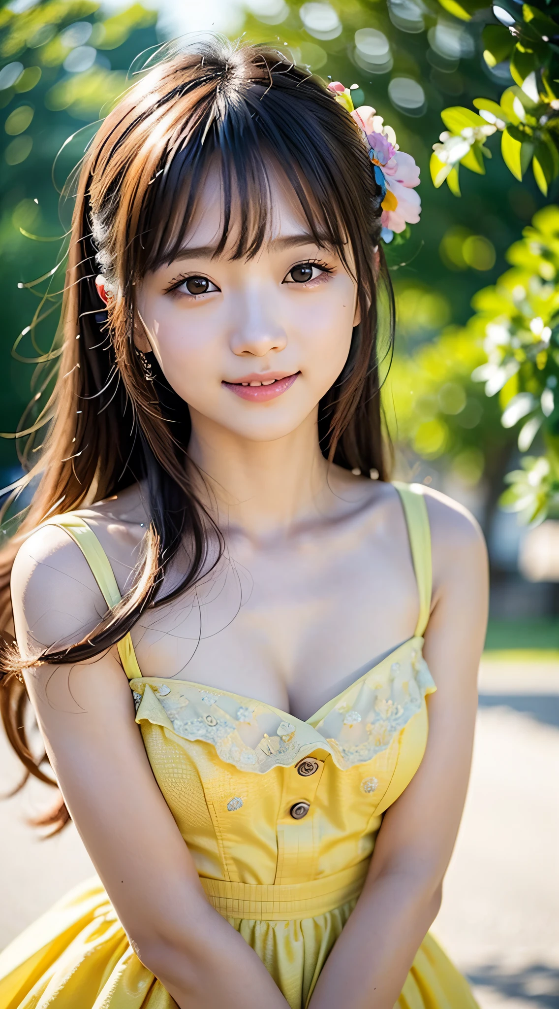 Postura de todo el cuerpo con movimiento.、ropa de verano amarilla、(​obra maestra、de primera calidad、una chica de belleza、caras kawaii:1.5)、(flequillo、Una sonrisa:1.2)、cintura pequeña 、(fondo sencillo:1.4)、(Skysky、un dia claro:1.2)、Moda De Hombro、luces de cara、8k、Arte oficial、foto cruda、increíblemente absurdo、profundidad de campos、mirando a los espectadores、Un hiperrealista、alta resolución、una foto、granos de película、aberración cromática、enfoque nítido、fondo bokeh、iluminación dinámica、highestdetallesd、 ighly detallesd、ultra detallado、detalles、extremely detallesd eye and face