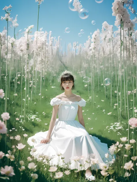 masterpiece,(best quality:1.3),(1girll:1.2),
(solo:1.3),bubble_beauty,full body,alfid woman sitting in a flower field in a white...