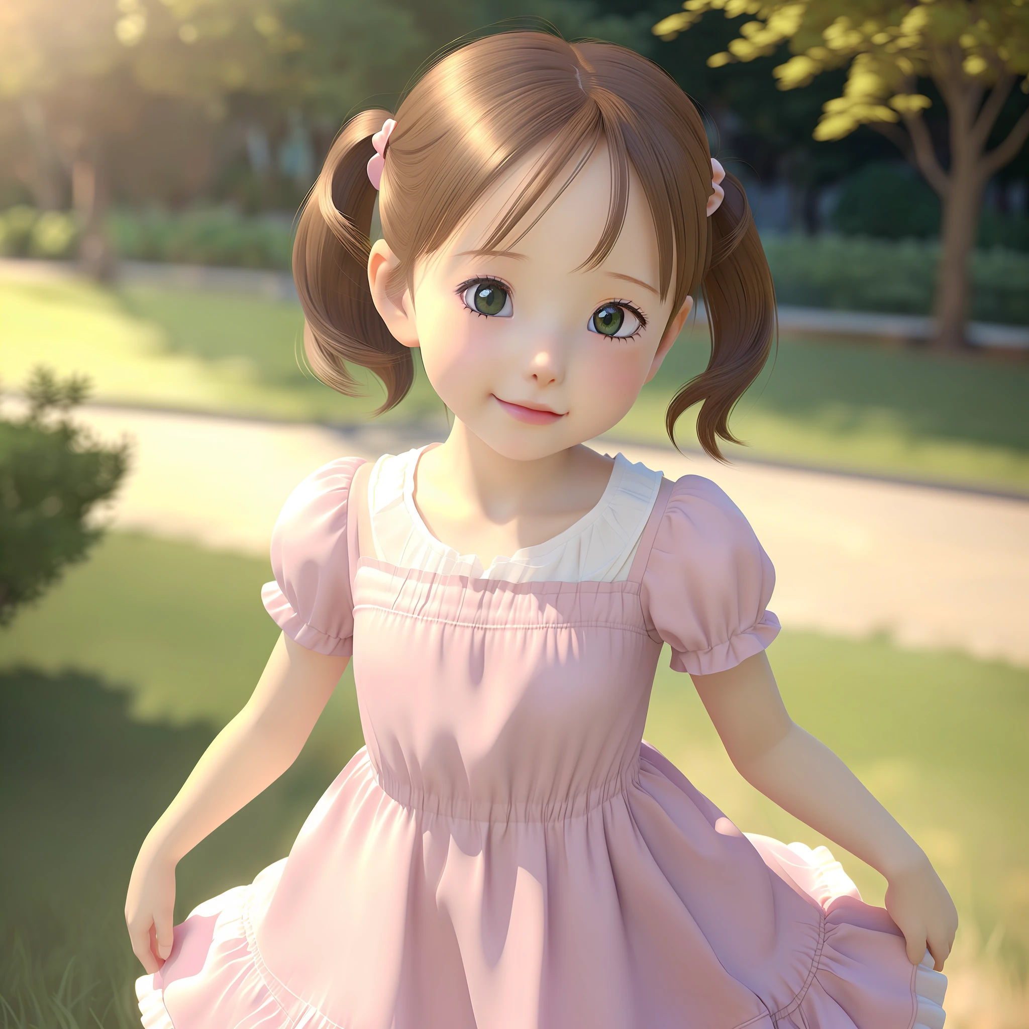 there is a little girl that is standing in the grass, Kawaii realistic portrait, lovely digital painting, render of a cute 3d anime girl, Realistic anime 3 D style, cute kawaii girls, photorealistic anime girl rendering, Smooth anime CG art, Soft portrait shot 8 K, 3 d anime realistic, small loli girl, Realistic cute girl painting, loli in dress