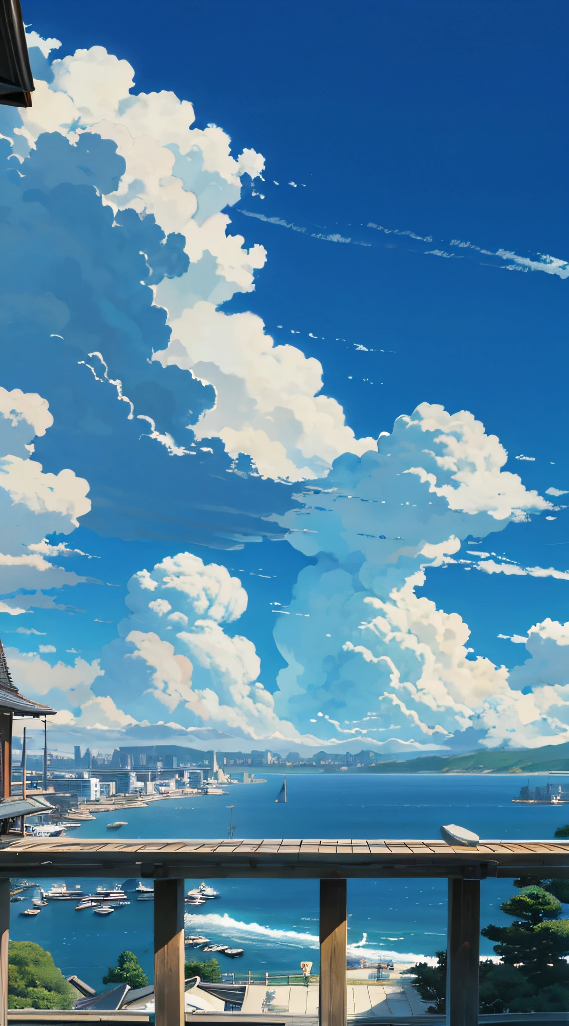 8k hdr，Rolled up waves，Medium Shot Shot，Studio Ghibli Sky，Studio Ghibli view，Ghibli Studio Environment，Studio Ghibli Sunshine，Detailed view – width 672，in style of hayao miyazaki，author：hiyao miyazaki，Beautiful fluffy clouds，anime big breast，author：hiyao miyazaki，studio ghibli composition