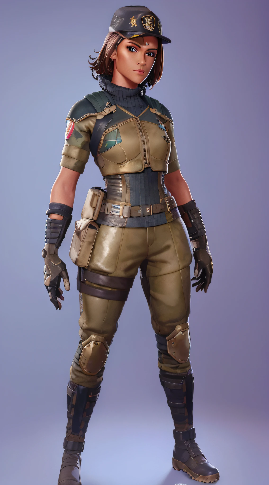 a close up of a woman in uniform and helmet, metallic bronze skin, soldier clothing, fortnite character, bronze skin, obsidians skin, stylised military clothes, Skin de Fortnite, fornite game. octan render, in a dark space mercenary outfit, full body shot hyperdetailed, militar outfit, pitch black skin, like a fortnite character --auto