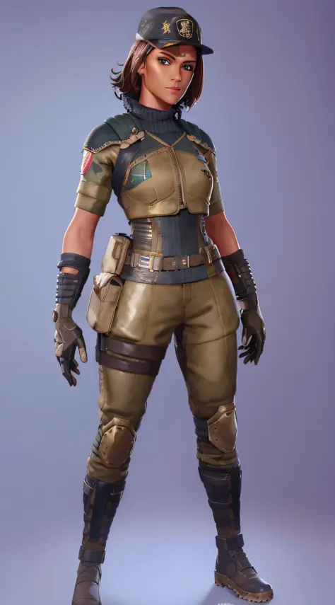 um close up de uma mulher de uniforme e capacete, metallic bronze skin, roupa de soldado, Personagem de Fortnite, pele de bronze...