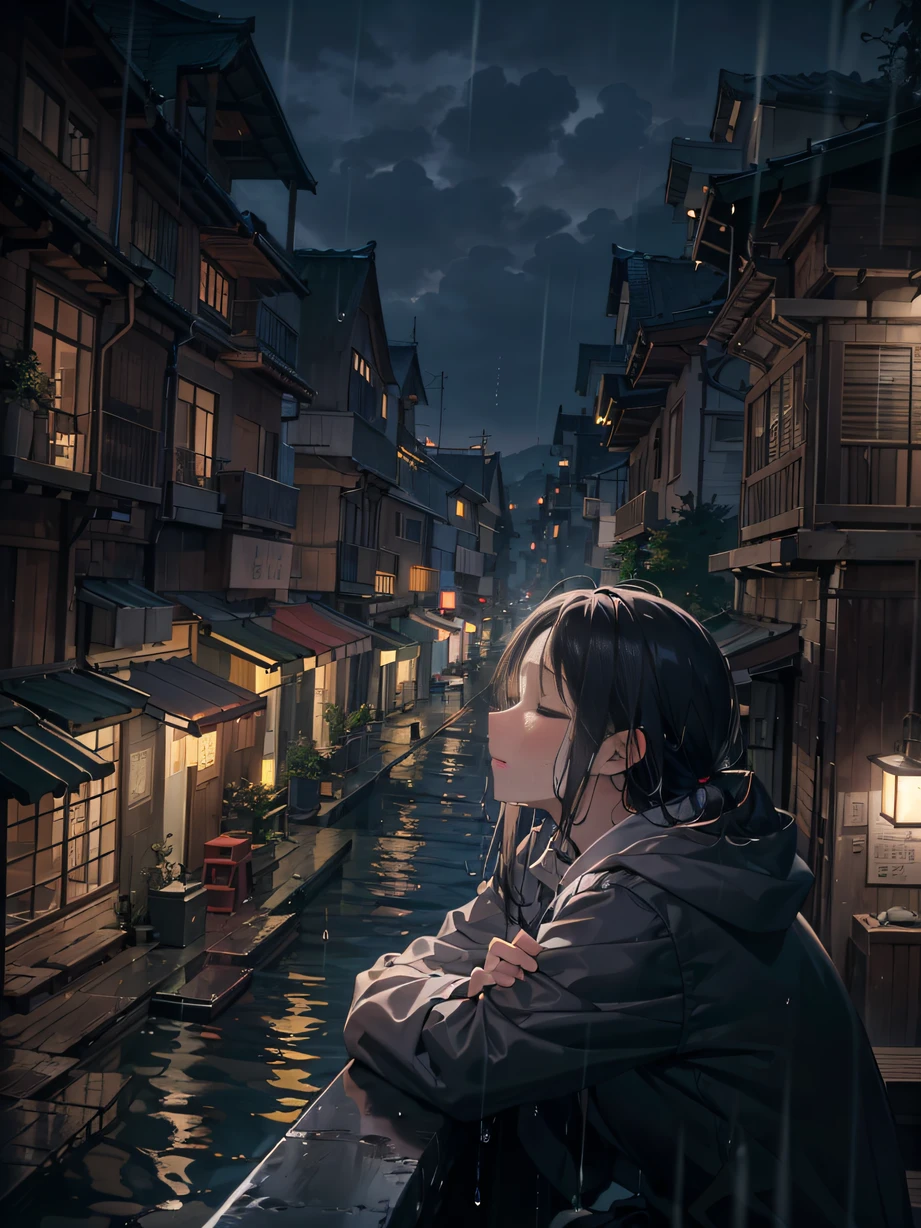 ，masterpiece, best quality，8k, ultra highres，deep in the night，Man sitting alone on the balcony，Looking out at the empty streets。Falling raindrops in the sky wet his cheeks，It was as if nature had soothed his soul。He closed his eyes gently，Plunge into a vortex of memories，Trace the beauty and pain of the past，The waves in my heart rippled again。