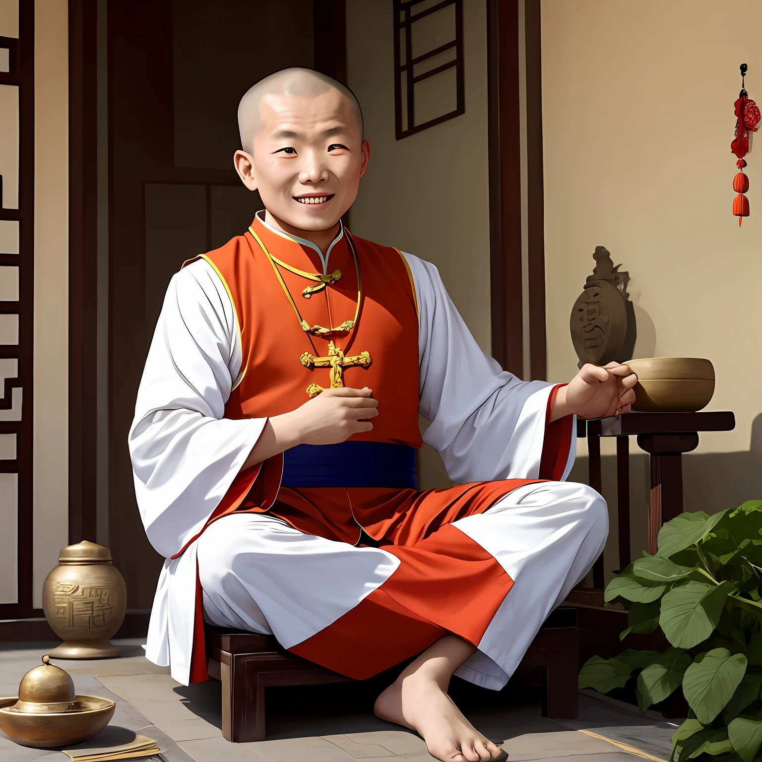 一名2歲的中國和尚,圓臉,身着僧服,双手交叉放在胸前, 盘腿而坐，微笑,在寺廟裡, 迪士尼風格--ar 3:4 --q 2 --放鬆 --v 5.2--自動