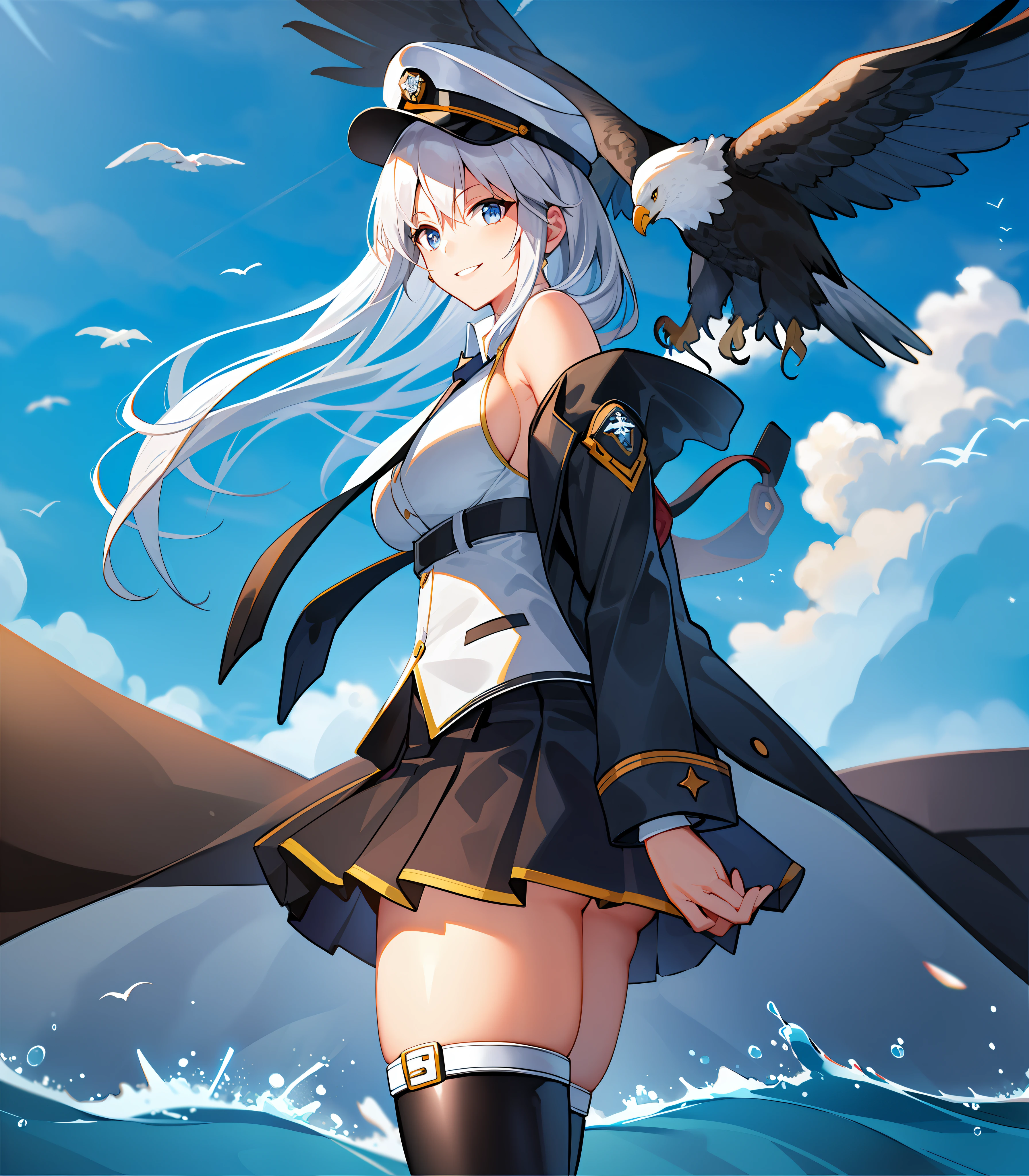 (((masterpiece, best quality, high resolution))),
OriginalOutfit, military uniform, 1girl, eagle, peaked cap, sky, flight deck, smile, ocean, cloud, breasts, day, solo, outdoors, looking at viewer, blue sky, very long hair, wind, large breasts, rigging, wind lift, hand on headwear, skirt tug, standing, underbust, cloudy sky, thigh boots,