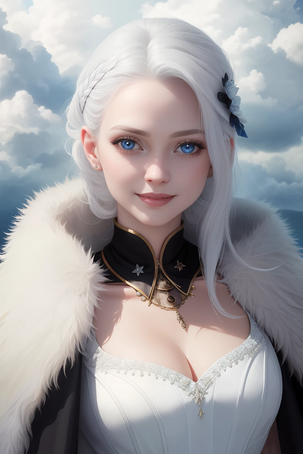 a portrait of a underdeveloped [temptress|siren] , white dress, nimbus, fur, cape, perfect face, pretty face, blue eyes, white hair, big hair, normal breasts, lush detail, absurdres, avatar, close-up, face zoom, mystery, fantasy, little smile, face straight, rotated to viewer, white and blue dress details