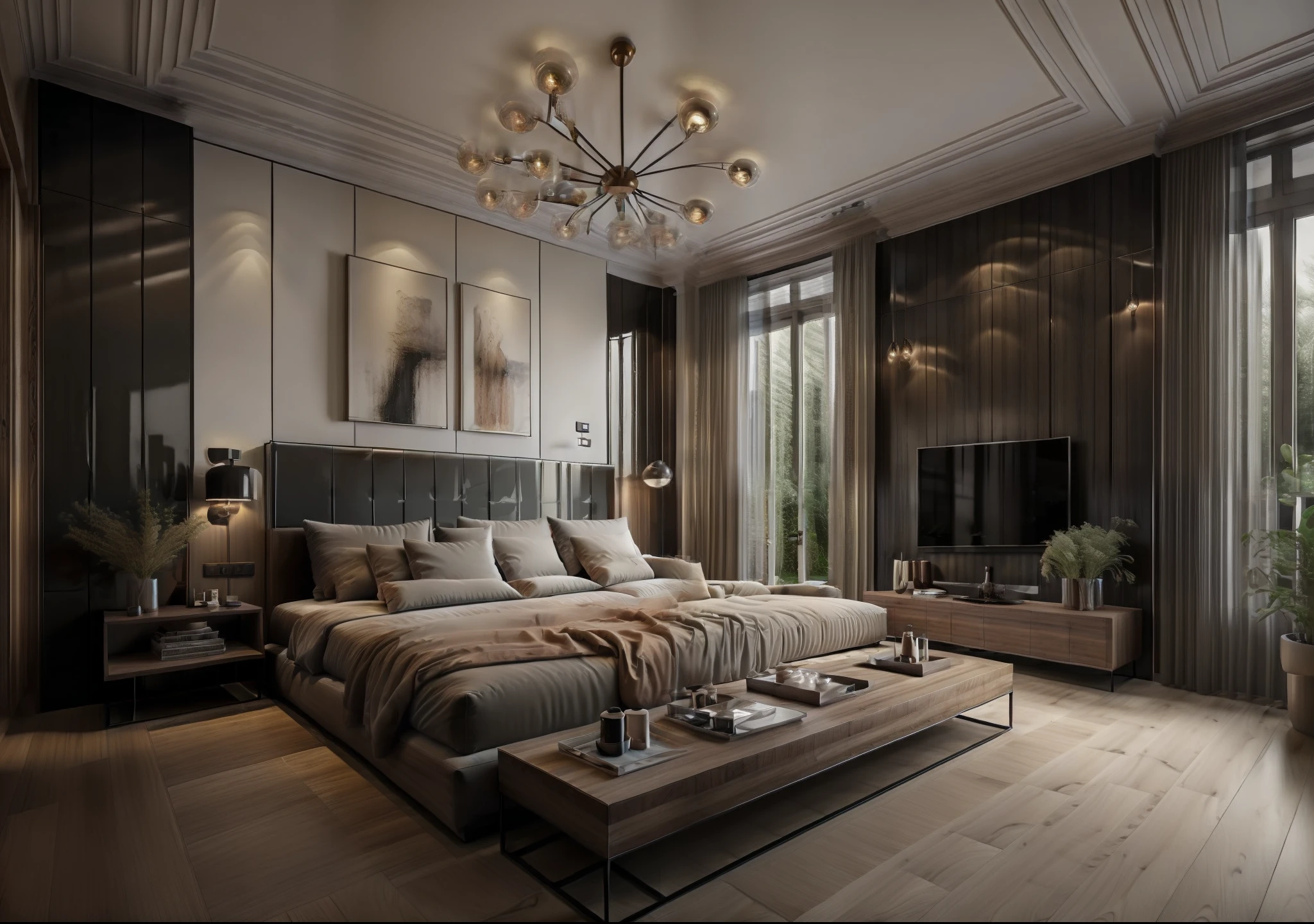 ((Best quality, 8k, Masterpiece :1.3)), living room design: 1.3,  glossy black wooden furniture  , sofa , plaster ceiling , glossy mable floor , ink art , wall panel