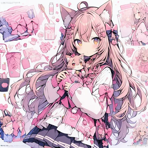 Long-haired anime girl holding cat holding cat, cute anime catgirl, anime girl with cat ears, anime catgirl, anime cat, Very bea...