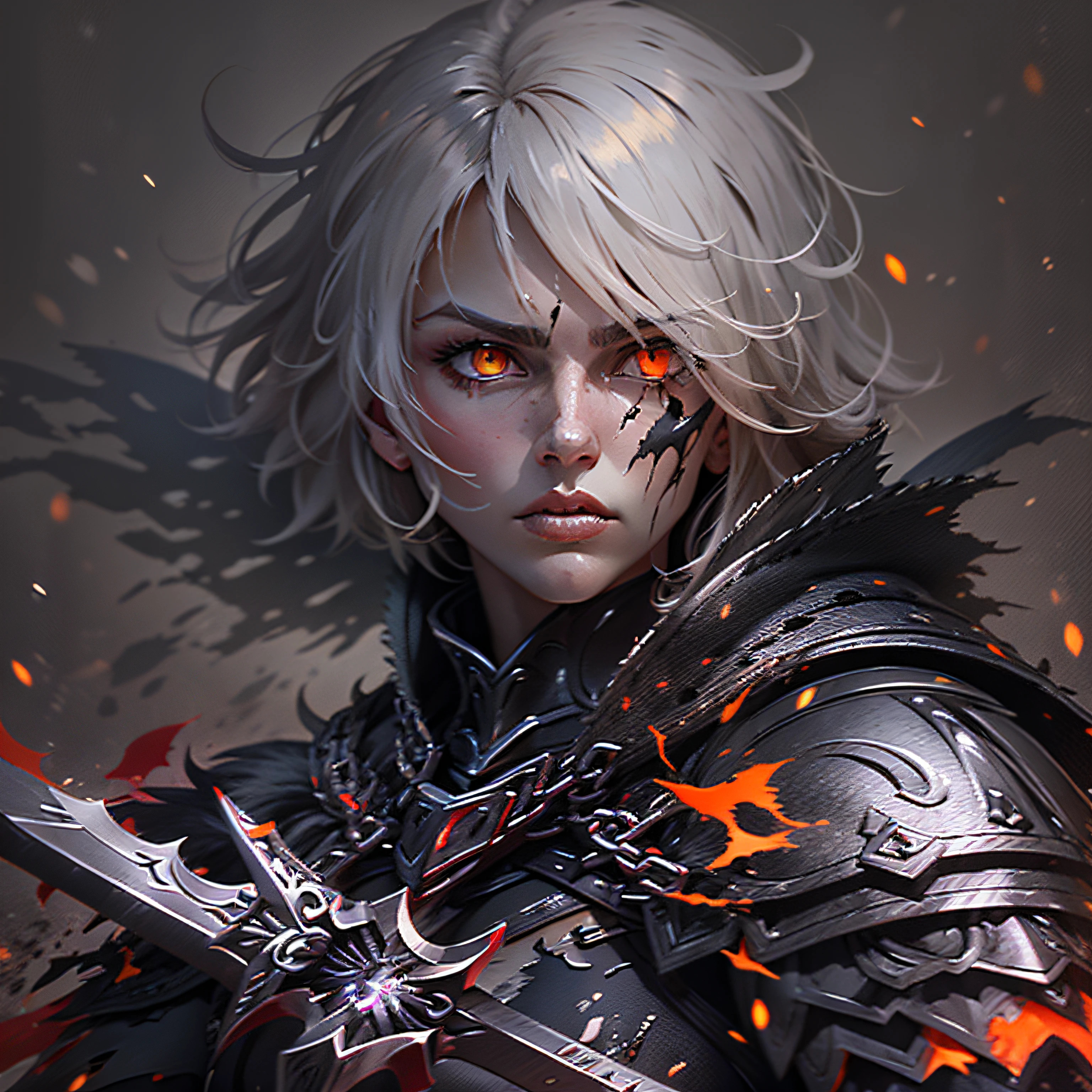 Highly detailed epic looking battle female torn knight with dark armor with cool looking helmet holding a sword, short white hair, orange and red eyes, black torn cape, posing with sword