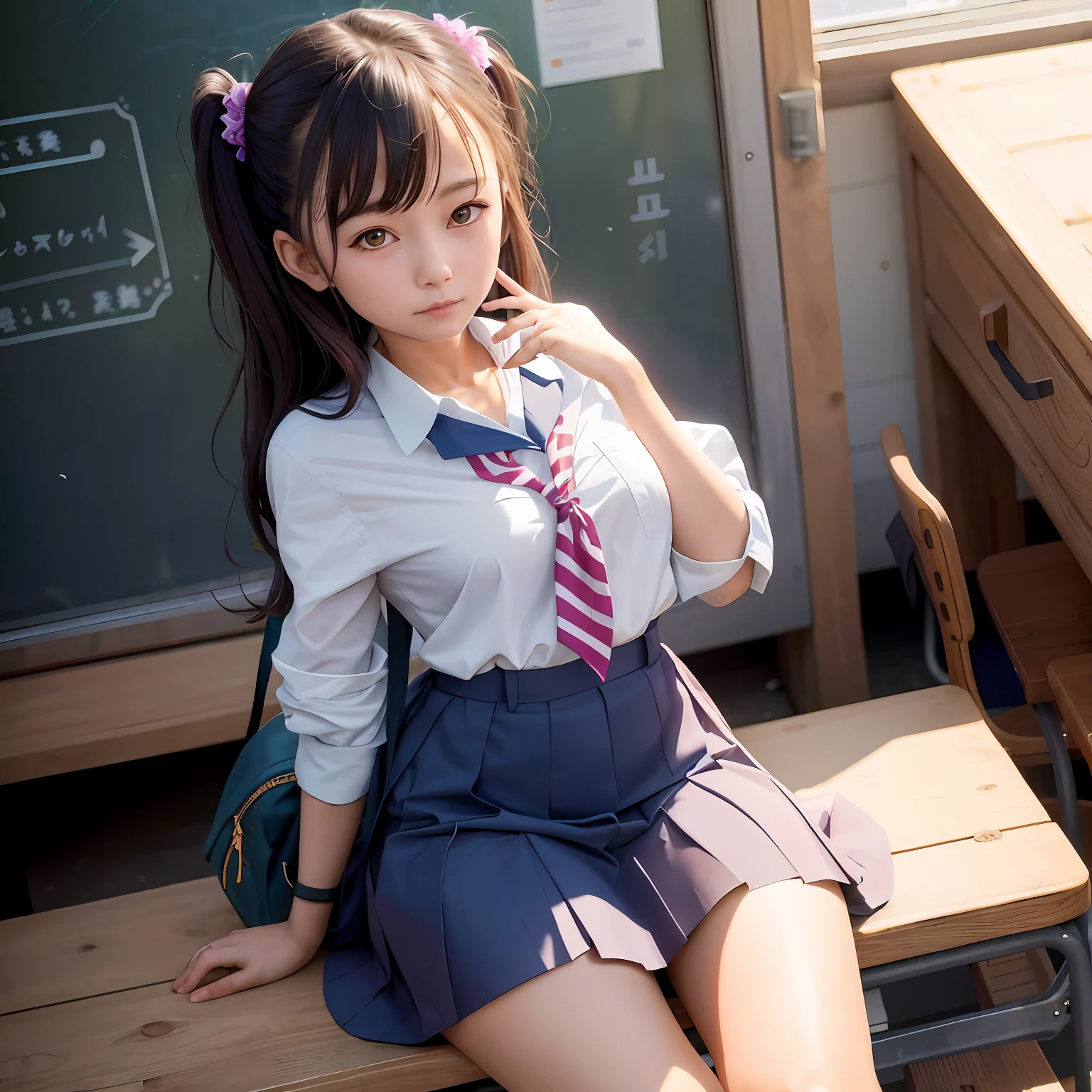 there is a woman sitting on a bench in a school uniform, Surrealism female students, Surrealism female students, cute female student, Beautiful Anime High School Girls, Realistic schoolgirl, Anime girl cosplay, Anime girl in real life, wearing a Japanese school uniform, japanese girl school uniform, Japanese school uniform, dressed as schoolgirl, female student, seductive anime girls