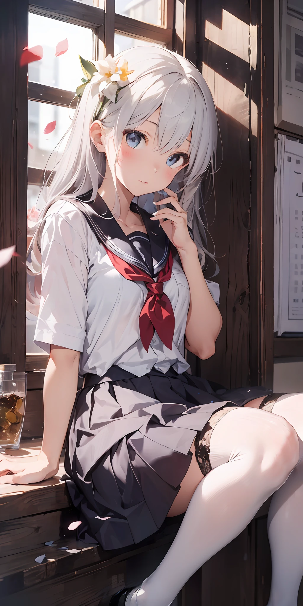 1girl, beautiful detailed eyes, long white hair, light grey eyes, school uniform, high white stocking, vivid, flower, daffodil, hyacinth, falling petals, , high contrast, ((masterpiece, best quality)), cinematic light, cinematic composition