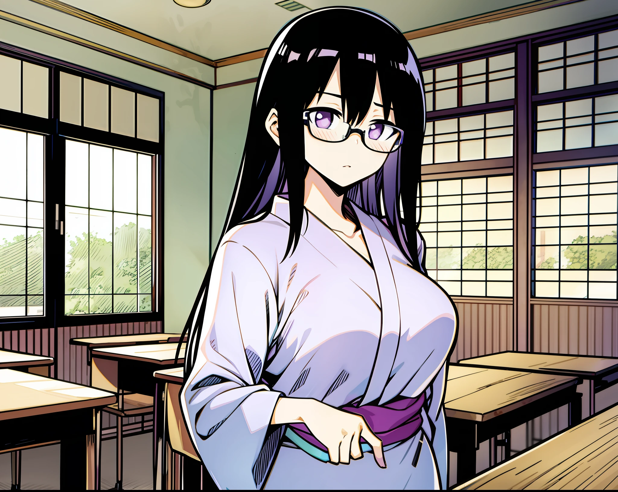 A black silky hair、Light purple pupils、Japanese anime woman with glasses，Young female teachers，Wear casual black and white clothes，The chest size is D，Stand solemnly before the podium，Shaking his head helplessly，Keep your hands at your side，There was helplessness in his eyes。Japanese anime，High- sharpness，Japanese-style wooden classroom in the background，The action is accurate，tmasterpiece，The expression is correct，detail-rich，Plenty of light and shadow，Optimize text。