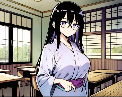 A black silky hair、Light purple pupils、Japanese anime woman with glasses，Young female teachers，Wear casual black and white cloth...