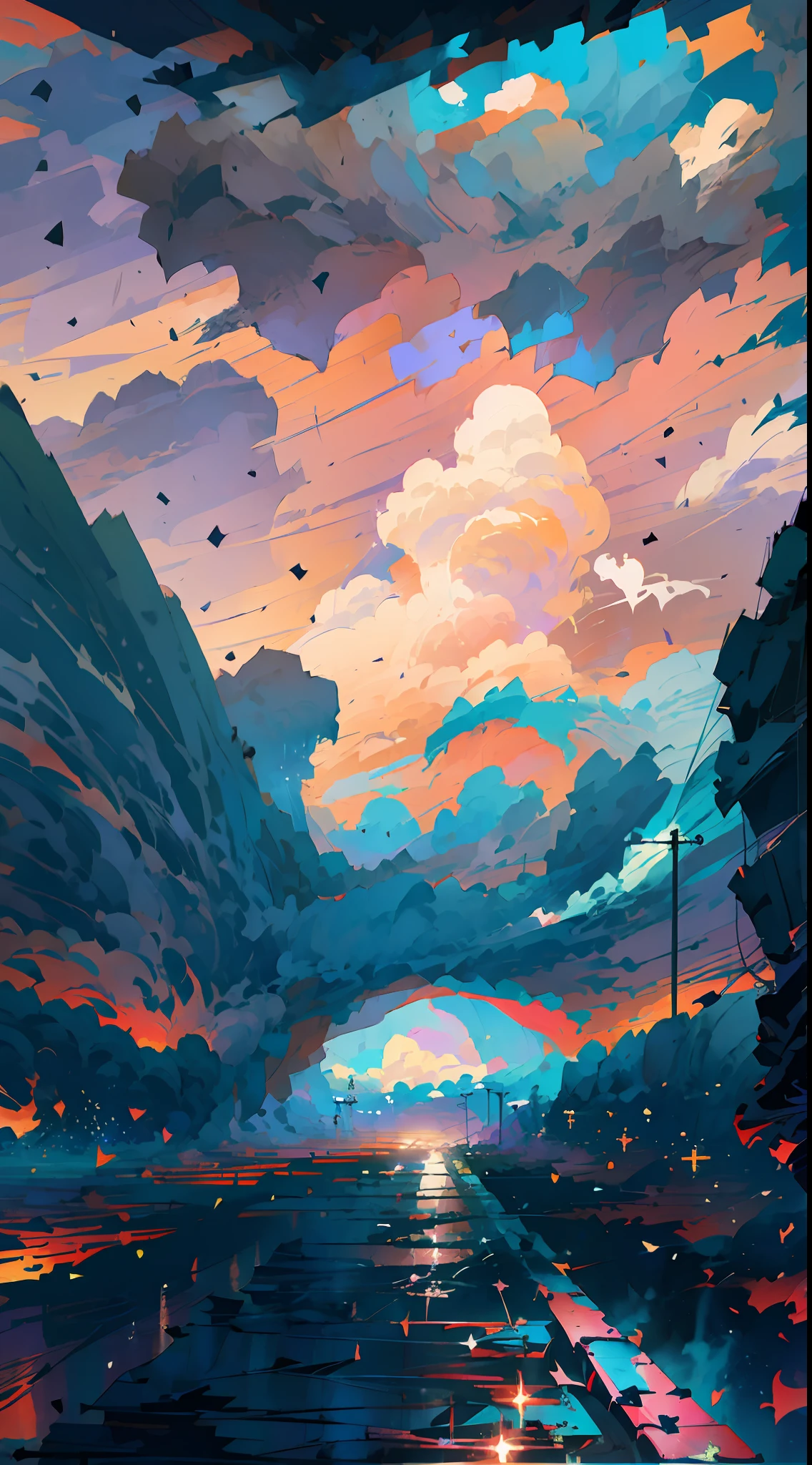 ฉากอนิเมะของรถไฟที่แล่นผ่านใต้ท้องฟ้าสีชมพูและสีม่วง, อนิเมะที่วาดโดย Makoto Shinkai, กำลังมาแรงใน pixiv, ความสมจริงที่มีมนต์ขลัง, ฉากอนิเมะที่สวยงาม, ท้องฟ้าจักรวาล. by มาโกโตะ ชินไค, ( ( มาโกโตะ ชินไค ) ), by มาโกโตะ ชินไค, อะนิเมะพื้นหลังศิลปะ, style of มาโกโตะ ชินไค