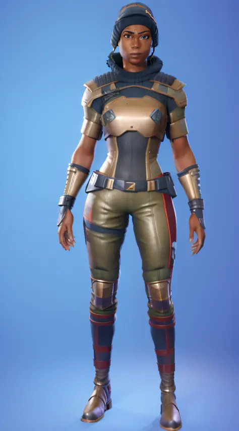 um close up de uma mulher de uniforme e capacete, metallic bronze skin, roupa de soldado, personagem de fortnite, pele de bronze...