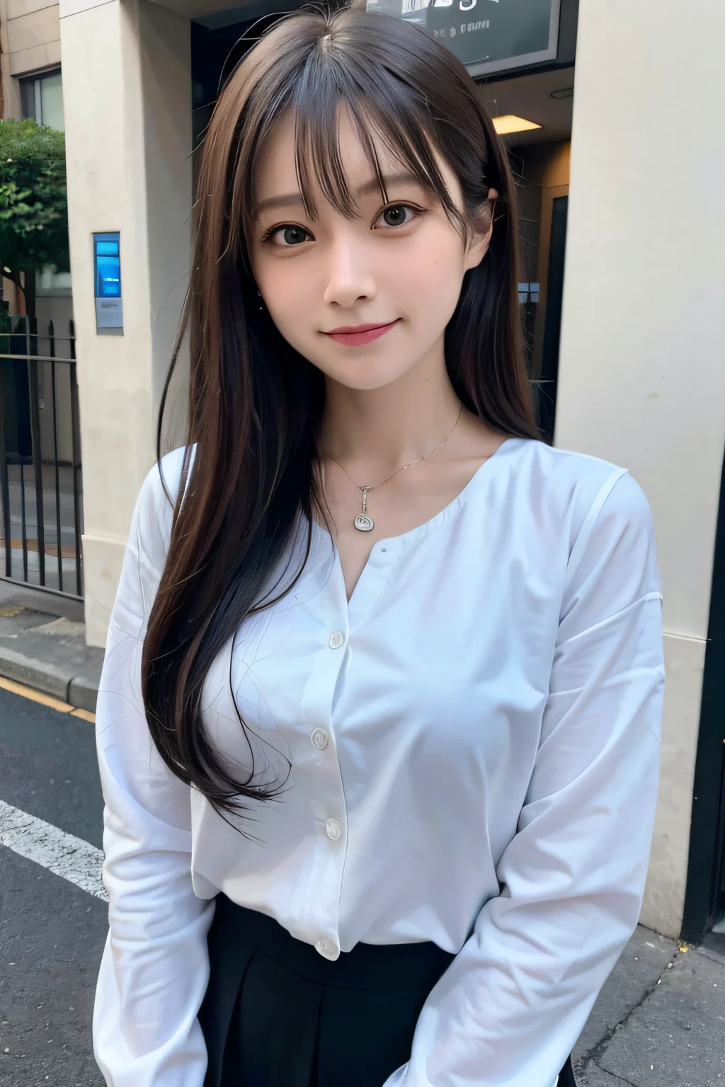 (((Medium Hair))), top-quality, 8K, nffsw, Hi-Res, absurderes:1.2, a picture, (Raw photography:1.2), (Photorealsitic:1.4), (​masterpiece:1.3), (intricate detailes:1.2), 1girl in, 独奏, a japanese girl, Delicate and beautiful details, (A detailed eye), (detailed facial features), 小柄, (((tiny chest))), tonned skin, (up looking_で_viewer), from a_front, (skiny), (top-quality:1.4), (超A high resolution:1.2), cinematric light, (Extreme detailed illustration), (lipgloss、top-quality、超A high resolution、depth of fields、Caustics、Broadlighting、Natural Shading、85 mm、F / 1.4、ISO 200、1 / 160 seconds:0.75)、1girl in、独奏、Casual wear、A smile、校服、a necklace、、student clothes、乃木坂アイドル、hposing Gravure Idol、Beautie、In the street、Office Lady、(s Office)、The shirt、(lana)、(Office)、Work clothes