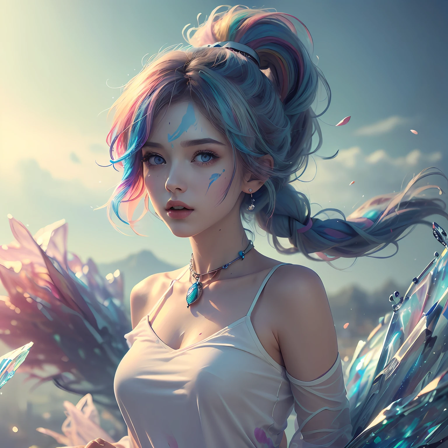 （Pink Fashion T-shirt：1.9），(Colorful hair: 1.8), (all the colours of the rainbow: 1.8),(((((vertical painting：1.6))), （painting：1.6），front, comics, illustrations, paintings, large eyes, crystal clear eyes,（ rainbow color gradient high ponytail：1.7）, exquisite makeup, closed mouth,(Small Fresh: 1.5),(Wipe Chest: 1.6) ，long eyelashes, white off shoulder T-shirt,  White Shoulder Shirt，looking at the audience, large watery eyes, (rainbow colored hair：1.6), color splash, （solo：1.8）, color splash, color explosion, thick paint style, messy lines, ((shining))，(colorful), (colorful), (colorful), colorful, Thick Paint Style, (Splash) (Color Splash), Vertical Painting, Upper Body, Paint Splash, Acrylic Pigment, Gradient, Paint, Highest Image Quality, Highest Quality, Masterpiece, Solo, Depth of Field, Face Paint,  colorful clothes, (Elegant: 1.2), gorgeous,long hair, wind, (Elegant: 1.3), (Petals: 1.4)，(((masterpiece))),(((best quality))),((ultra-detailed)),(illustration),(dynamic angle),((floating)),(paint),((disheveled hair)),(solo),(1girl) , (((detailed anima face))),((beautiful detailed face)),collar,bare shoulders,white hair, ((colorful hair)),((streaked hair)),beautiful detailed eyes,(Gradient color eyes),(((colorful eyes))),(((colorful background))),(((high saturation))),(((surrounded by colorful splashes))), --auto