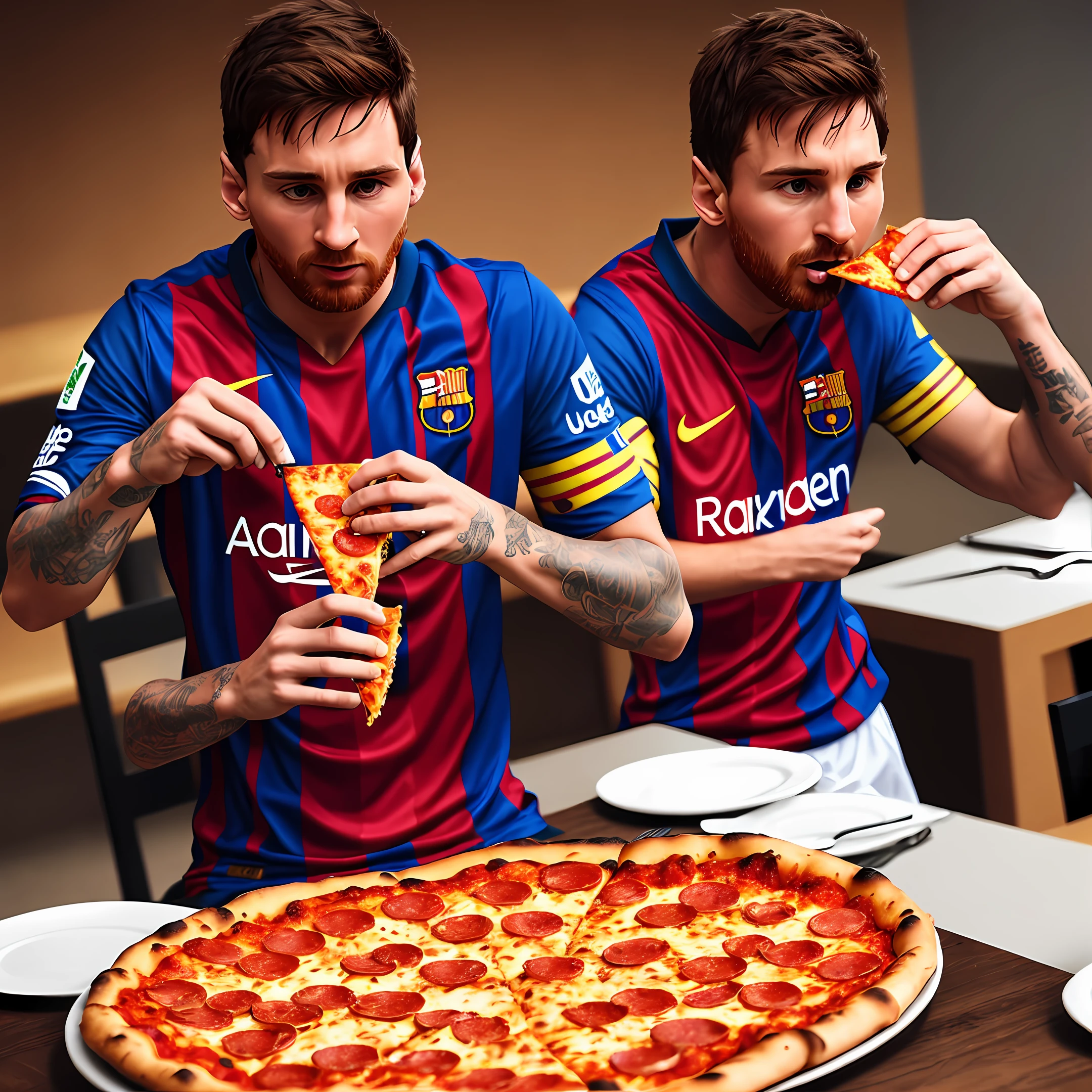 Dois homens comendo pizza em um restaurante com uma pizza grande sobre uma  mesa - SeaArt AI