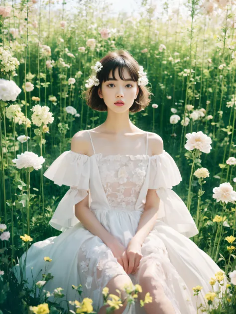 Alfid woman sitting in a flower field in a white dress, Alexander McQueen's digital art, Tumblr, aestheticism, dior campaign, Ti...