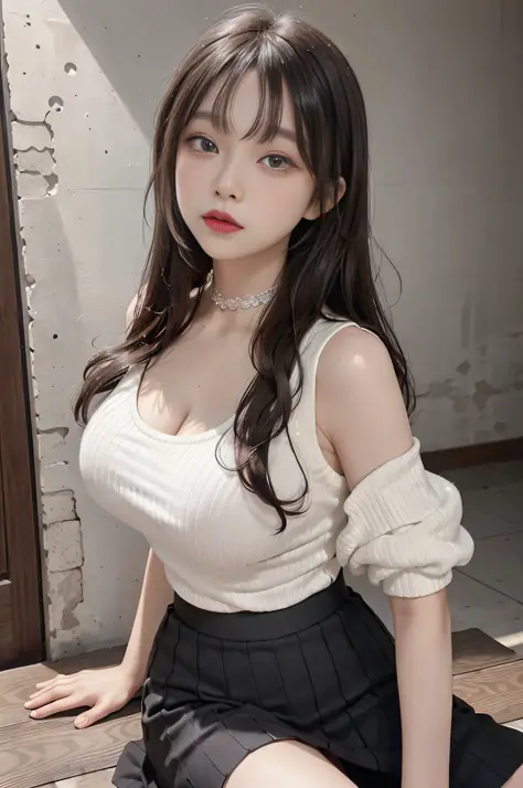 Top image quality、Raw photography、超A high resolution、16-year-old Korean、big round chest、Sleeveless、Formal Summer Knitwear、Tight knit、Formal Office Skirt、Black skirt、fair white skin、shiny white skin、elongated eyes、Beautiful eyes with random colors、beautiful...