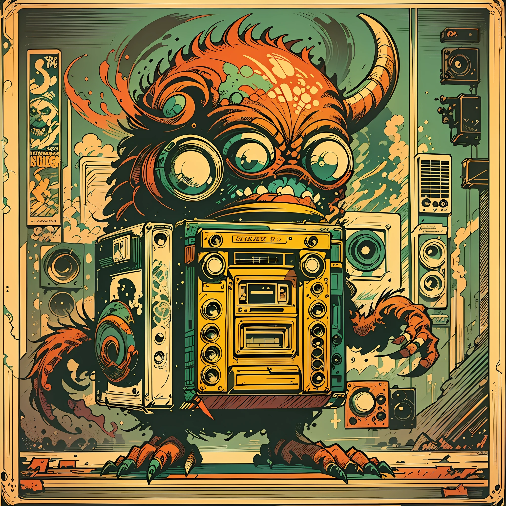 (((a monster creature)))),  holding, a boombox with a radio, boombox, ghetto blaster, big ghetto blaster, tape deck, lofi hip hop, audio equipments, cassette, retro technology, nostalgic vibes, 1 9 6 0 s tech, radios, vintage, the 6 0 s, propaganda Poster, poster, Poster design, poster art style. 1970s, 1950s, 1960s, basic colour scheme, Very colourful poster, colour art, thirds rule, inspiring, 1970, lofi hip hop, high quality artwork, artwork, poster art style, promotional artwork, hiphop, 1 9 th, print, high quality wallpaper, poster artwork, style of shepherd fairey, in a retro or vintage style, reminiscent of classic advertisements or posters. Use warm and muted colors, capturing the nostalgic feel of vintage artwork This style should evoke a sense of nostalgia, illustration