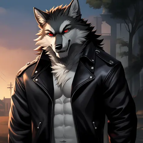 There's a wolf with red eyes and a leather jacket, anthropomorphic wolf, an anthropomorphic wolf, Grim - Lobo, cara de lobo antro, anthropomorphic wolf male, dire wolf, grande lobo, um lobo antro, badass anime 8 k, retrato retardado do lobo, lobo peludo, l...