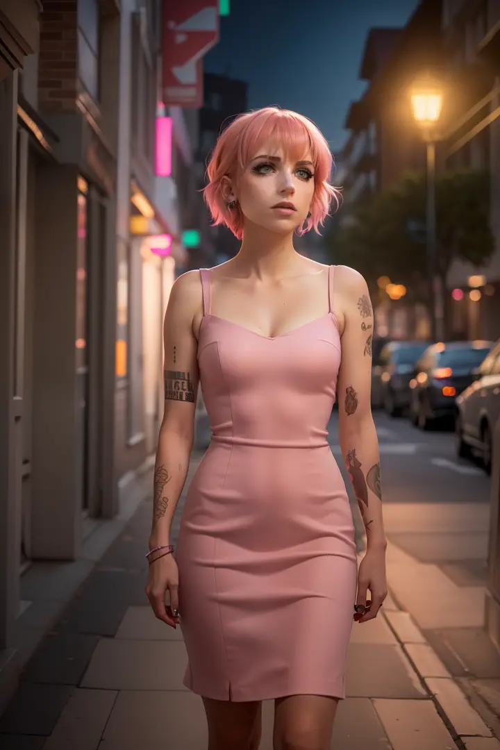 ((Hayley Williams walks on the street at night)), ((schlanke junge Frau)), ((she wears an all-pink pencil dress)), ((schulterfreies Kleid)), ((Micro-Kleid)), ((sehr kurzes Kleid)), ((schulterfreies Kleid)), (collarbone), (kleiner Kopf), ((natural skin text...
