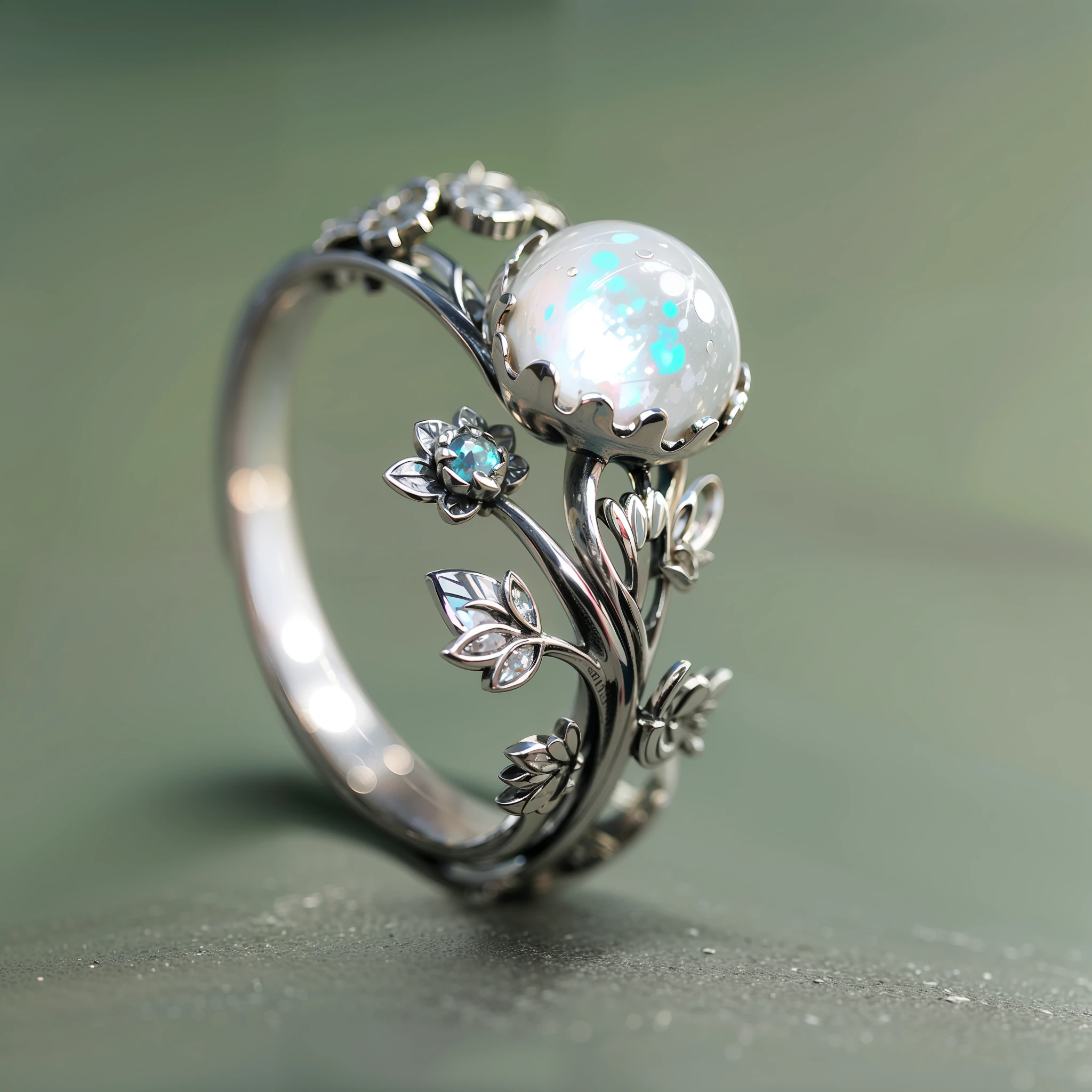 银戒指，月亮，玫瑰花，月光石，925纯银，高级珠宝，高清