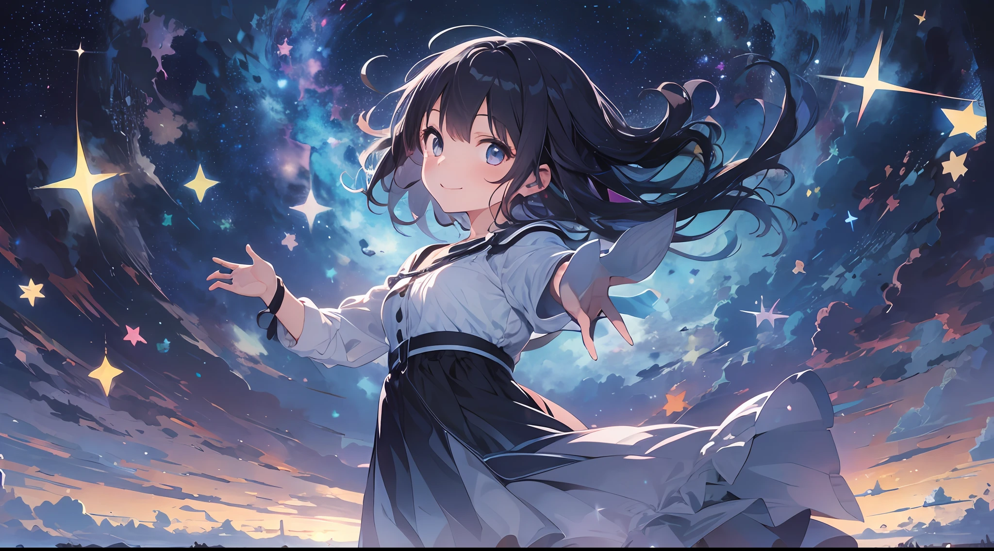 1girl, beautiful eye, smile, deep black, shimmering white and blue, curious, astonished, joyful, simple night-sky dress, black hair, casual short cut, silver eyes reflecting starlight, reaching out to the stars, infinite starry sky