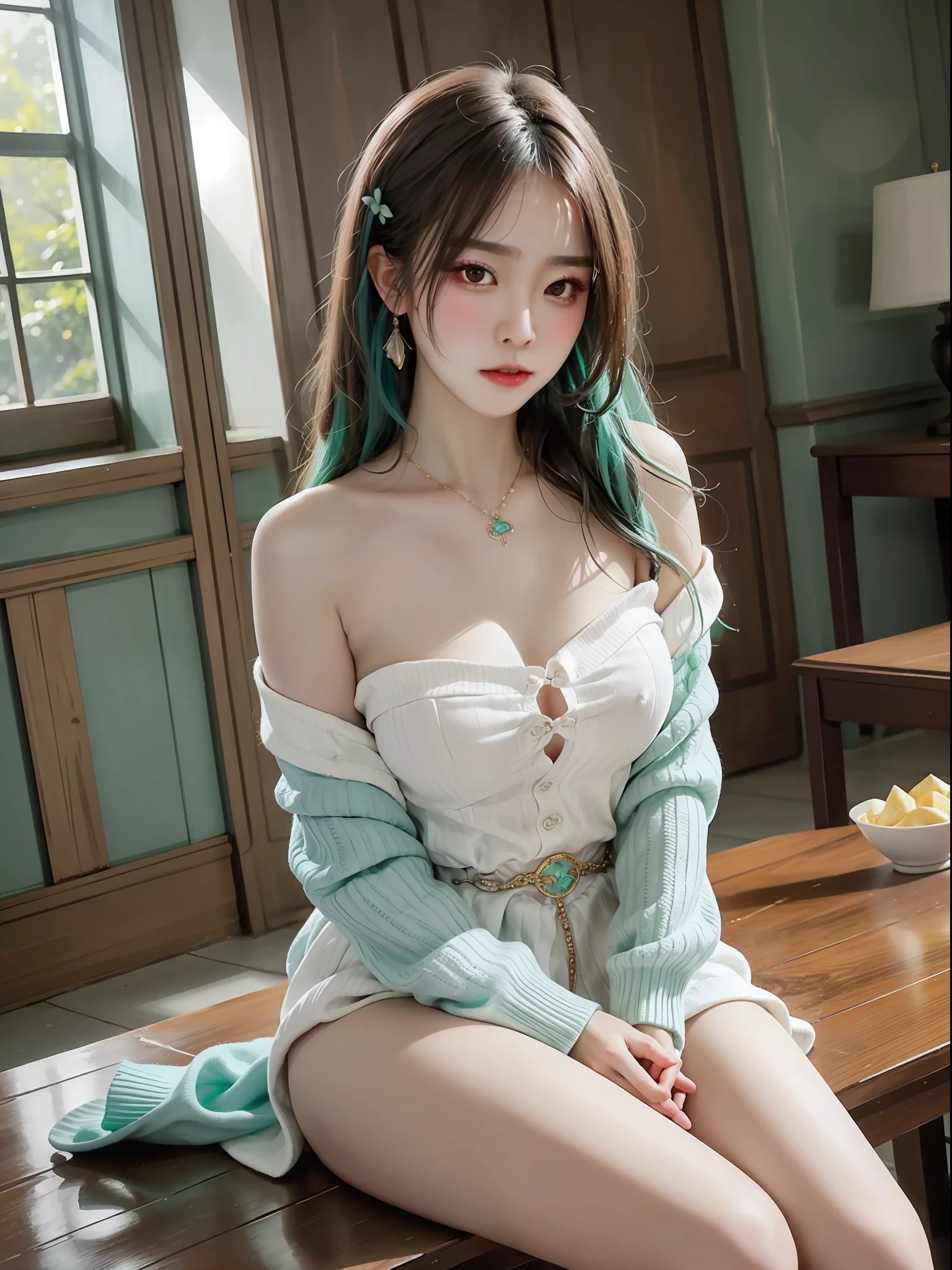 Fantasy. Irene Bae JooHyun, sitting, bare shoulders, detailed (((loose))) white sweater. large breasts, half body portrait, ((looking at away)), stunningly beautiful, mint hair, blush, humble, table, home, hands. highly detailed. Cinematic lighting, (nsfw:1.27)