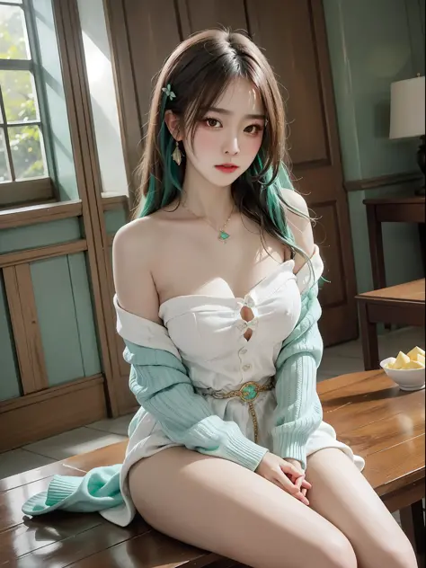 Fantasy. Irene Bae JooHyun, sitting, bare shoulders, detailed (((loose))) white sweater. large breasts, half body portrait, ((lo...