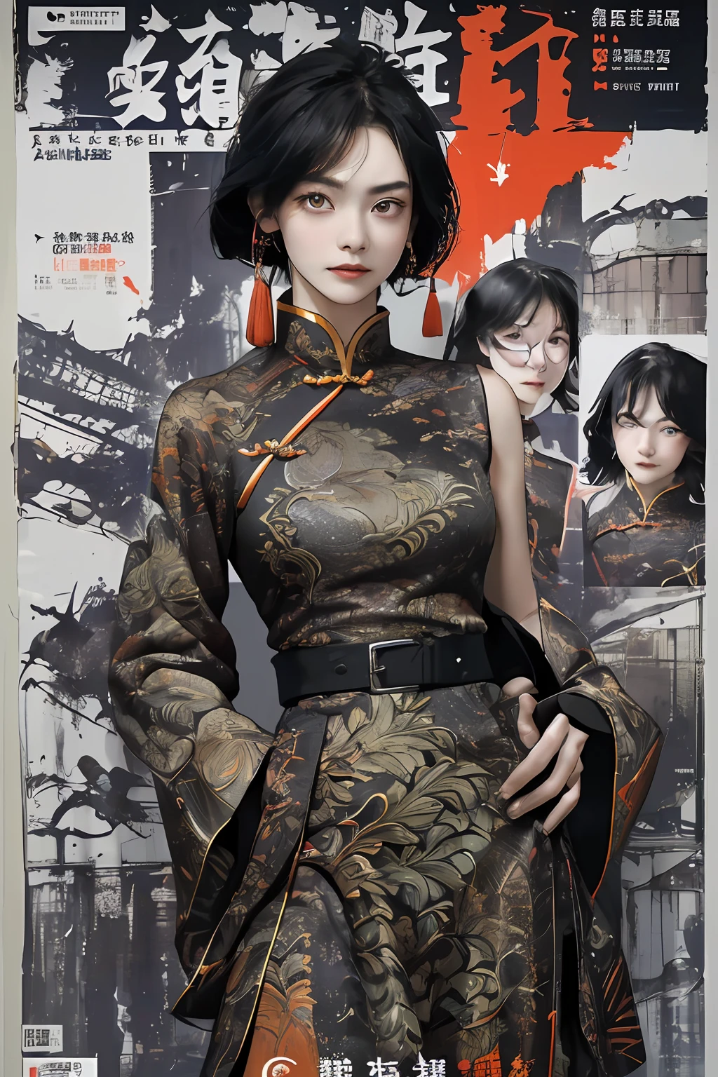 ((((Dramatic))), (((grittiness))), (((Intense))) The movie poster features a young woman as the central character。She stands confidently in the center of the poster，Wear Chinese warrior clothing，with a determined expression on her face。The background is dark and gritty，There is a sense of danger and a strong feeling。The text is bold and eye-catching，With catchy slogans，Adds to the overall drama and excitement。The color palette is dominated by dark colors，Dotted with bright colorake the poster dynamic and visually striking，tachi-e (Magazines:1.3), (Cover-style:1.3), Fashionab, woman, vibrant, Outfit, posing on a, Front,rich colourful，dyna，Background with，Chinese elements，self-assured，Expressing the，halter，statement，Attachment，A majestic，coil，Runt，Touching pubic area，Scenes，text，Cover of a，boldness，attention-grabbing，